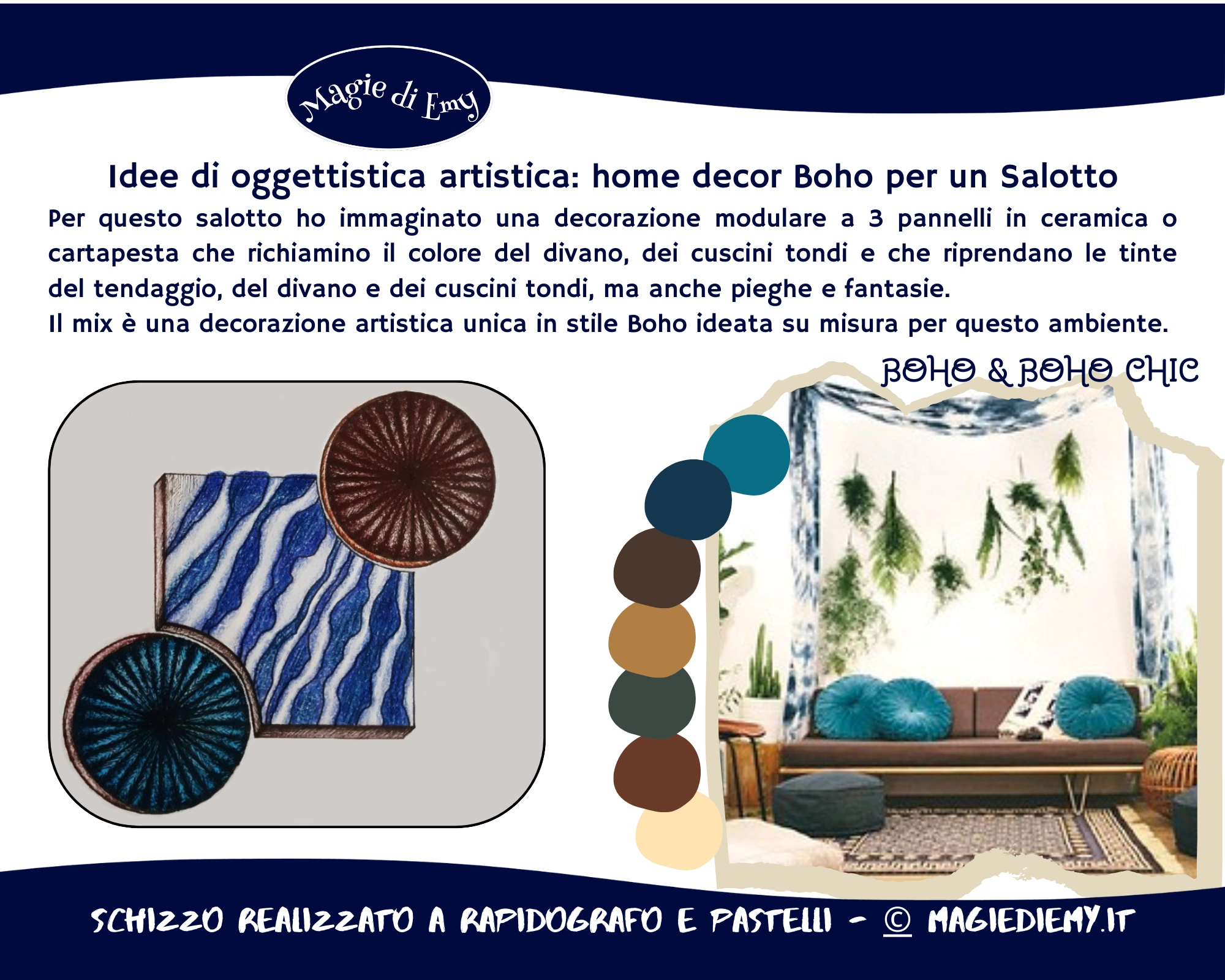 Immagine con a sinistra un bozzetto per un pannello decorativo murale formato da due cerchi e un quadrato e a destra la foto di un salotto, per l'articolo l'arredamento in stile bohemien e boho chic