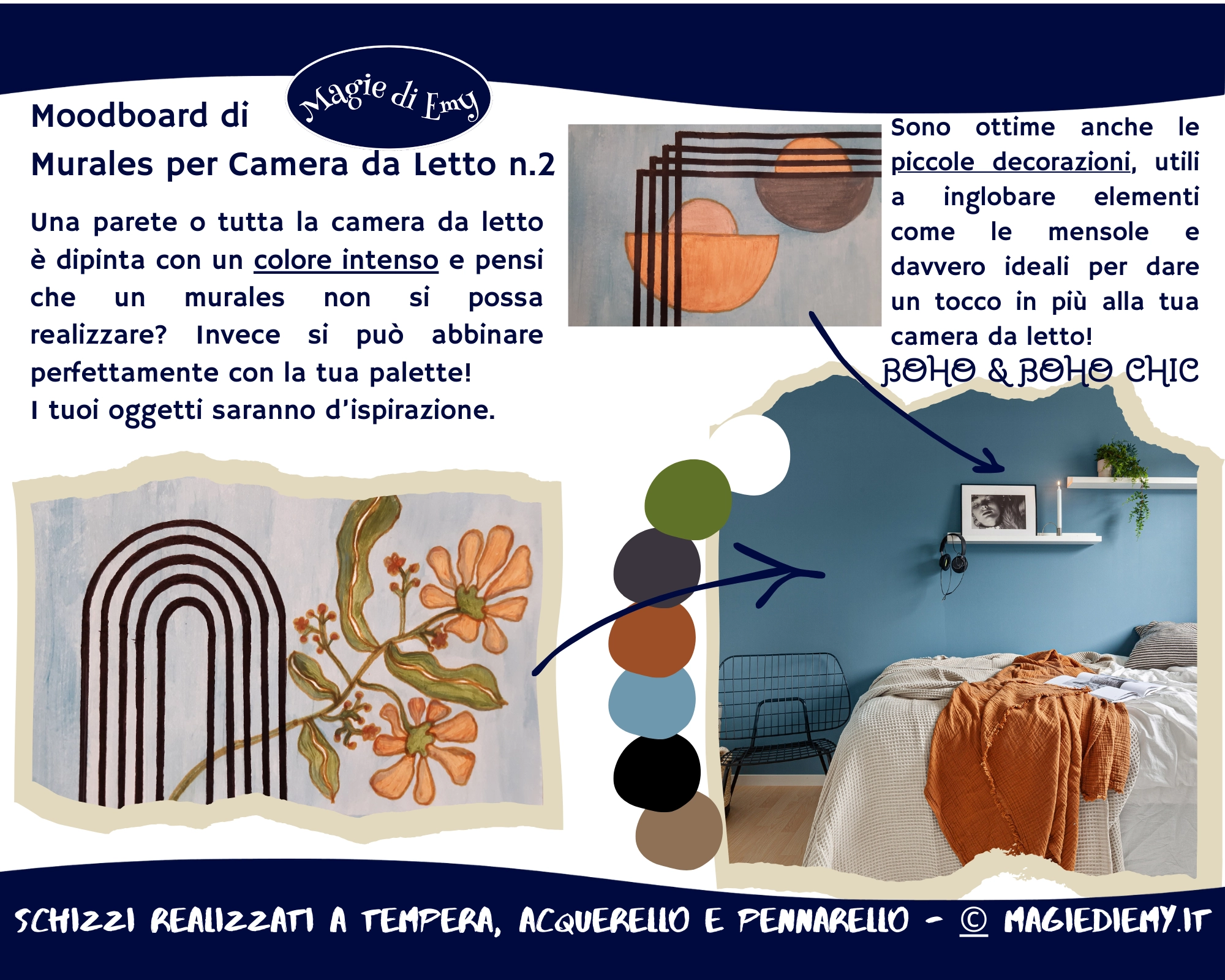 Immagine con a sinistra un bozzetto per un murales vegetale stilizzato, in alto a destra un altro murales e in basso a destra la foto di una camera da letto